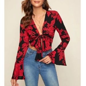 Tie Front Bell Sleeve Top